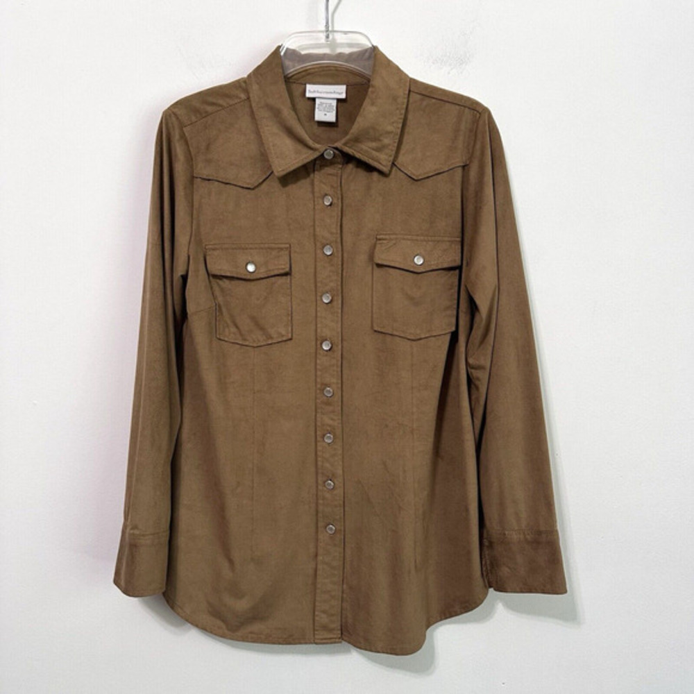 Soft Surroundings Faux Suede Blouse Top M Brown Pearl Snaps Western Stretch FLAW